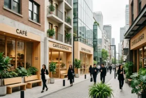 Ciudad global fusionada: arquitectura minimalista, cafés idénticos y estética Instagrammable en estilo distópico.