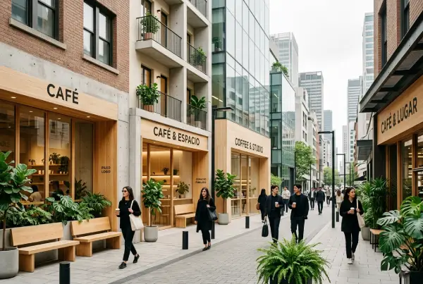 Ciudad global fusionada: arquitectura minimalista, cafés idénticos y estética Instagrammable en estilo distópico.