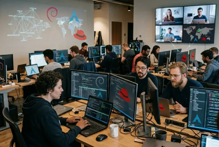 Desarrolladores trabajando colaborativamente en Linux con código abierto en múltiples pantallas en un entorno digital global