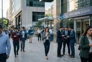 Infraestructura blockchain y dinero digital en entorno financiero latinoamericano. Estética profesional y tecnológica.