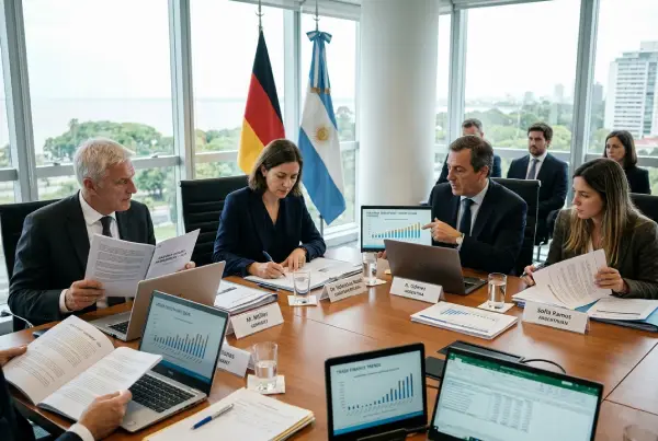 German and Argentine officials discuss export credit and industrial investment in a modern conference room.