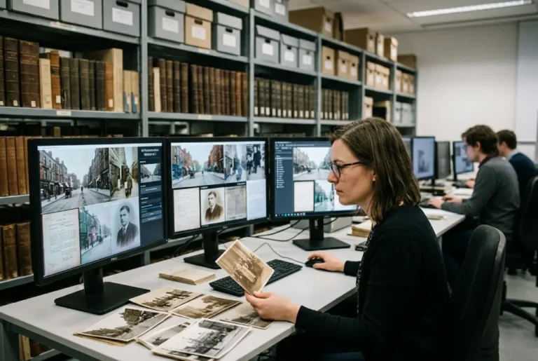 Persona en un entorno de archivo o investigación digital observando imágenes históricas en pantallas, representando la reconstrucción y posible distorsión del pasado mediante inteligencia artificial.