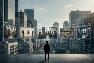 Figura humana frente a pantallas que muestran cultura global uniforme influida por sistemas algorítmicos digitales