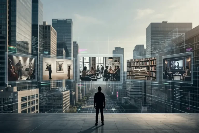 Figura humana frente a pantallas que muestran cultura global uniforme influida por sistemas algorítmicos digitales