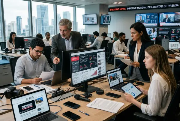 Periodistas analizando datos globales sobre libertad de prensa en una oficina moderna y tecnológica.