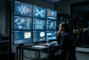 Persona analizando datos de inteligencia artificial y vigilancia algorítmica en monitores. Estética técnica fría.