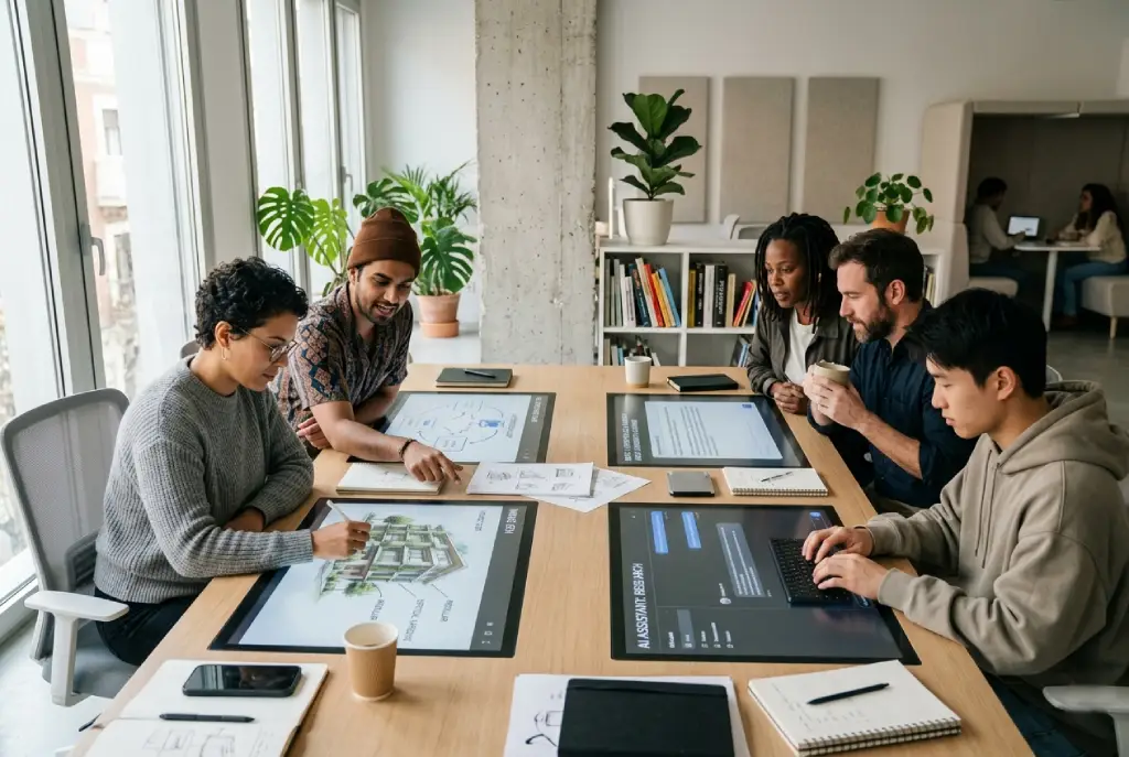 Equipo colaborativo trabajando con inteligencia artificial en oficina moderna, interactuando con pantallas digitales que muestran datos, diseño y creatividad asistida por IA en entorno profesional contemporáneo.