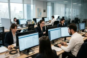 Oficina judicial moderna en Argentina con profesionales trabajando en gestión digital de expedientes y transformación del Estado.