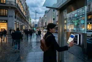Transferencia de dinero con tecnología NFC entre dos teléfonos celulares en un entorno urbano moderno y realista.