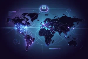 Red global con centros de datos conectando países, simbolizando dependencia tecnológica y control externo de sistemas digitales