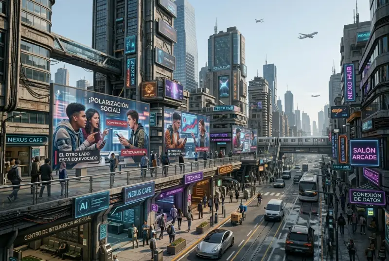 Ciudad futurista realista con hologramas de jóvenes discutiendo, interfaces de IA, neones sutiles y atmósfera de niebla.