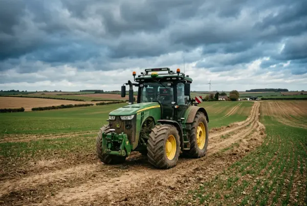 Tractor moderno con sensores fallando en campo agrícola. Estética distópica y dependencia tecnológica rural.