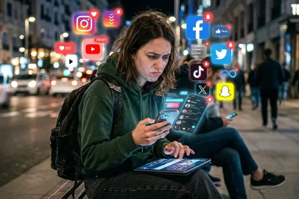 Joven usando smartphone y tablet rodeada de iconos de redes sociales, mostrando adicción digital y preocupación.