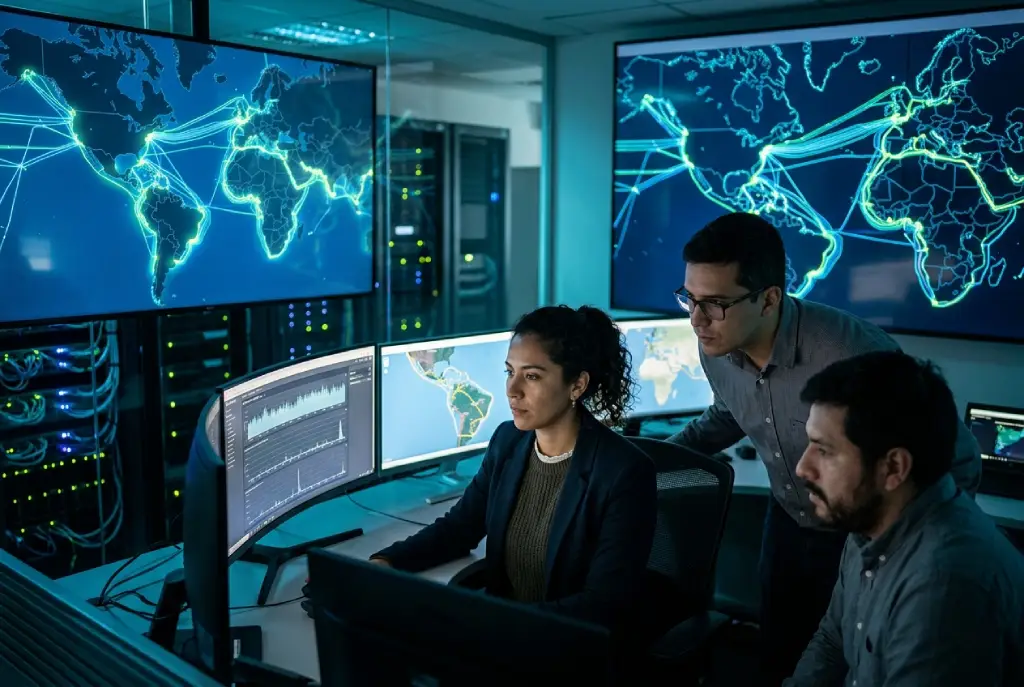 Centro de control con mapas de cables submarinos y datos globales en infraestructura digital