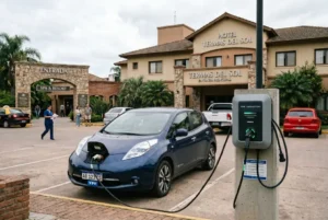 Auto eléctrico cargando en hotel termal con estación de carga en un entorno turístico urbano