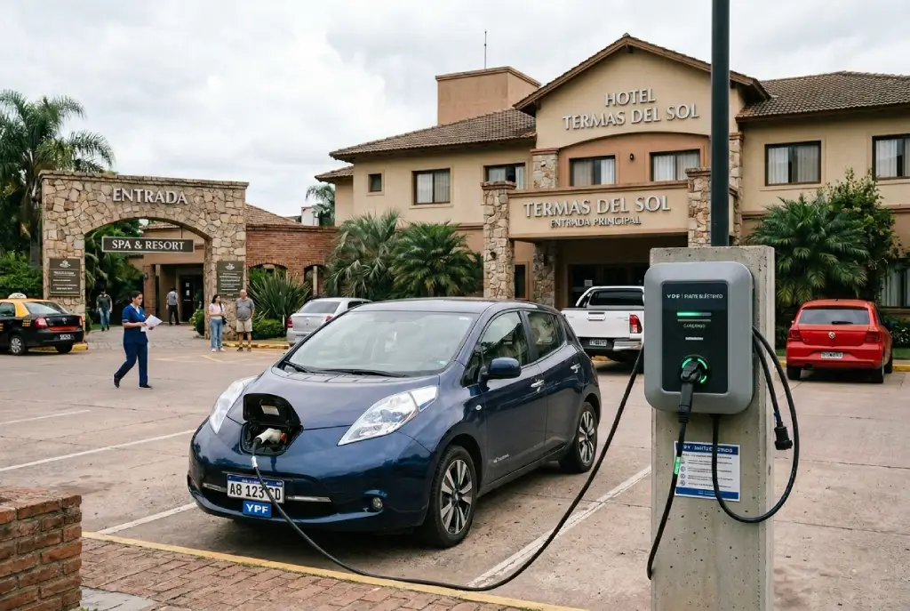 Auto eléctrico cargando en hotel termal con estación de carga en un entorno turístico urbano