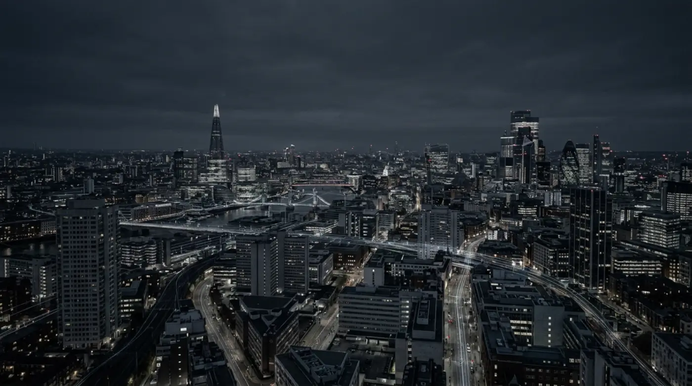 Infraestructura digital global invisible que conecta ciudad, datos y poder en un entorno urbano nocturno realista.