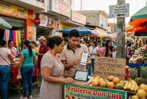 Intercambio de criptomonedas en mercado latino: comerciante explica billetera digital a ciudadana interesada.