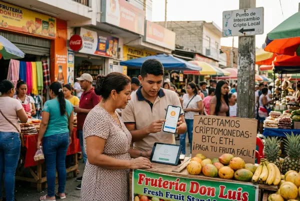 Intercambio de criptomonedas en mercado latino: comerciante explica billetera digital a ciudadana interesada.