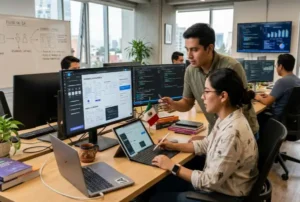 Diseñadores en oficina de tecnología usando IA para crear interfaces digitales, estilo moderno y profesional..