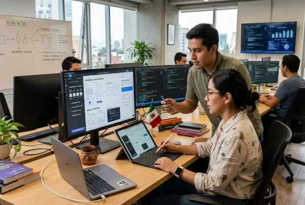 Diseñadores en oficina de tecnología usando IA para crear interfaces digitales, estilo moderno y profesional..