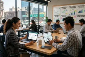 Profesionales en oficina moderna de CDMX utilizando herramientas digitales para gestión empresarial y pagos.