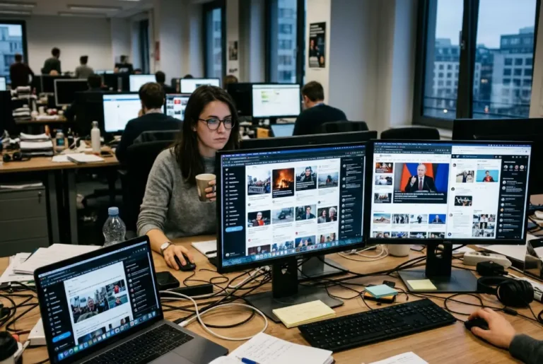 Persona en un entorno digital observando múltiples pantallas con noticias e imágenes periodísticas, representando la saturación visual y transformación del periodismo en redes sociales.