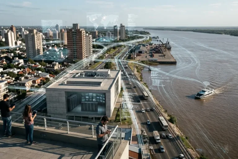 Vista aérea de una ciudad, fusionando paisaje urbano con datos digitales. El fin de la geografía y el poder del código.