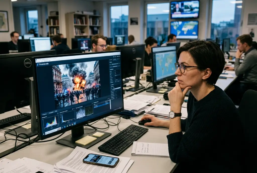 Persona analizando en una pantalla imágenes digitales sospechosas en un entorno de trabajo, representando la verificación de contenido visual en la era de la inteligencia artificial.