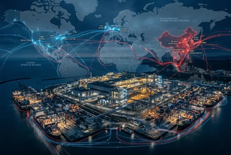 Mapa global proyectado sobre fábricas y rutas de suministro de semiconductores y tecnología avanzada.