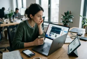 Mujer en oficina moderna analizando datos en laptop, tablet y móvil con expresión reflexiva y luz natural.