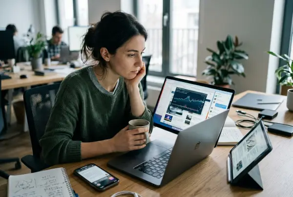 Mujer en oficina moderna analizando datos en laptop, tablet y móvil con expresión reflexiva y luz natural.