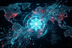IA analizando vulnerabilidades de ciberseguridad en red global digital con mapas y código en tiempo real