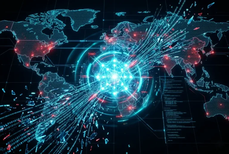 IA analizando vulnerabilidades de ciberseguridad en red global digital con mapas y código en tiempo real