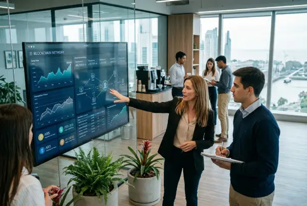 Profesionales analizan datos financieros y transacciones en una red Blockchain desde una oficina moderna.