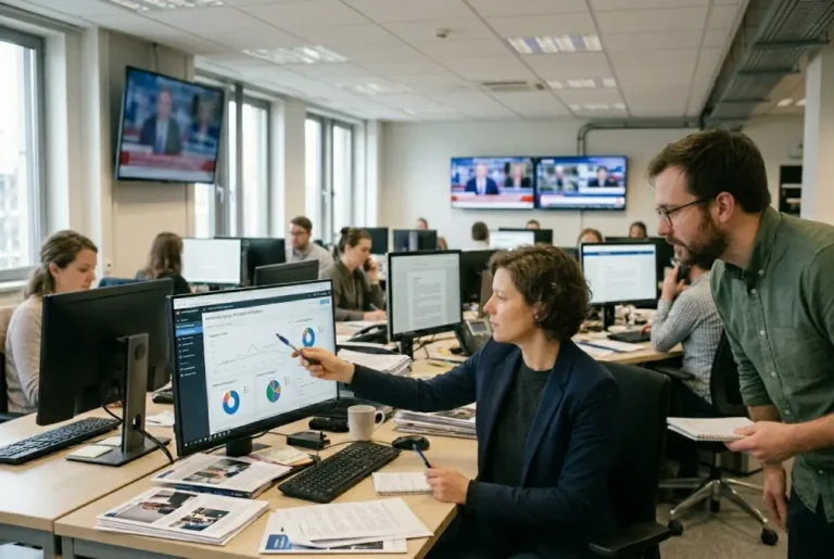 Oficina de prensa con equipo de comunicación trabajando en gestión de campañas digitales en un entorno institucional moderno y realista.