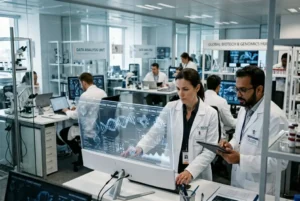 Oficina de investigaciones científica con analistas y pantallas de ADN e IA en entorno editorial internacional.