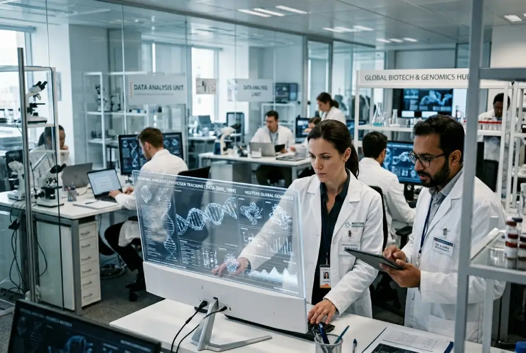 Oficina de investigaciones científica con analistas y pantallas de ADN e IA en entorno editorial internacional.