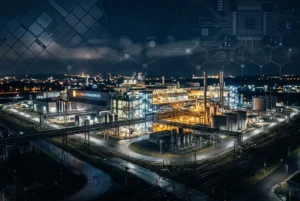 Planta de semiconductores iluminada de noche, representando la infraestructura global del silicio digital.