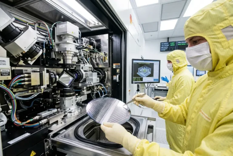 Ingenieros en sala limpia fabricando chips de silicio con maquinaria de alta precisión en entorno industrial.