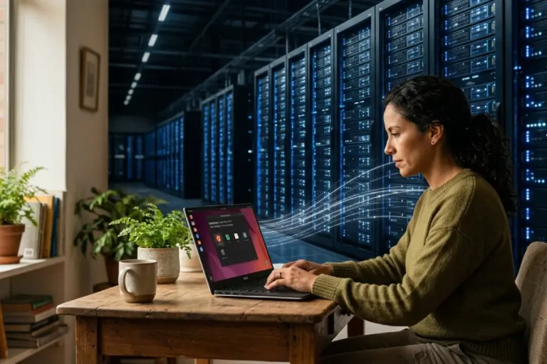 Persona usando Ubuntu en laptop conectada a gran centro de datos, simbolizando acceso global a tecnología abierta.