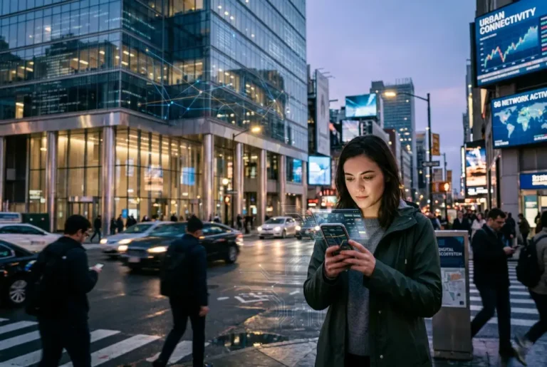 Persona usando smartphone en ciudad moderna, simbolizando la dependencia de la infraestructura digital basada en chips.