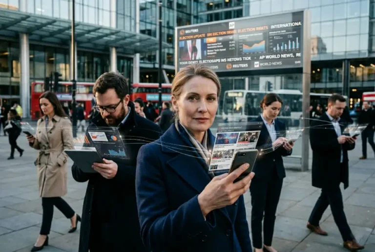 Personas en una ciudad moderna interactuando con teléfonos móviles mientras consumen noticias digitales fragmentadas en pantallas, representando la influencia de los algoritmos en la información y la percepción de la realidad en internet.