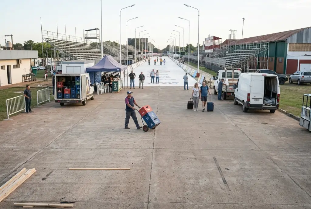 Trabajadores, comerciantes y visitantes en los alrededores del Corsódromo de Concordia durante el carnaval, representando el movimiento económico generado por el evento en la ciudad.