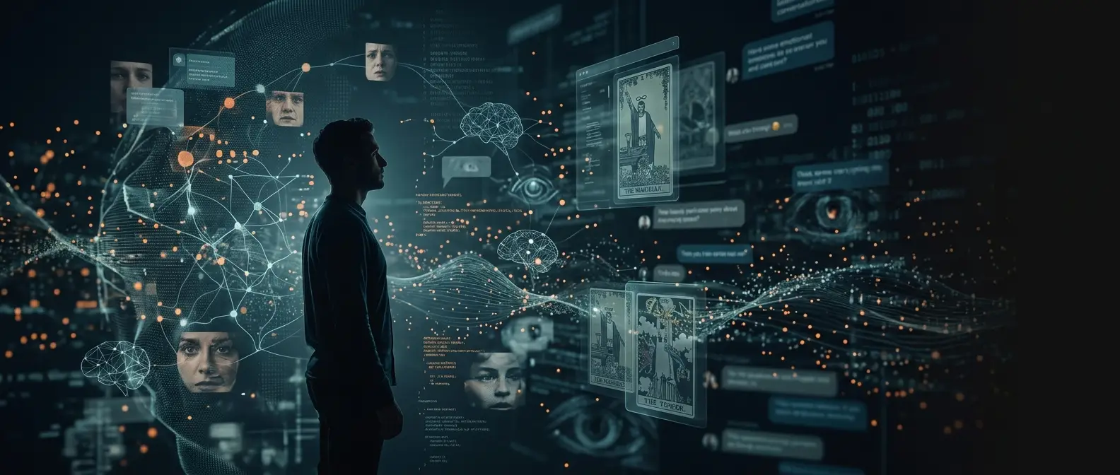 Figura humana frente a una red abstracta de datos, algoritmos e interfaces digitales que representan la relación entre inteligencia artificial, identidad y cultura digital contemporánea.