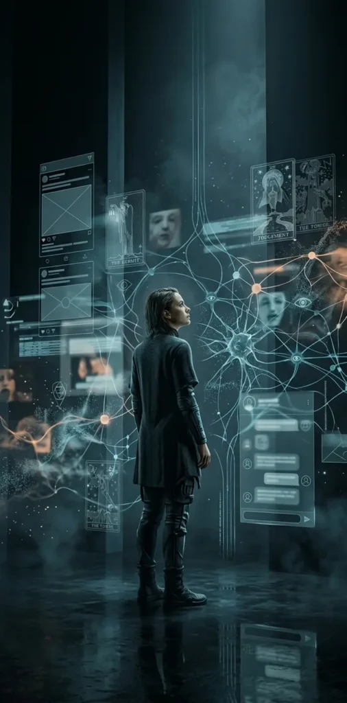 Persona en un entorno futurista rodeada de algoritmos, interfaces holográficas y redes digitales que representan la relación entre inteligencia artificial y cultura contemporánea.