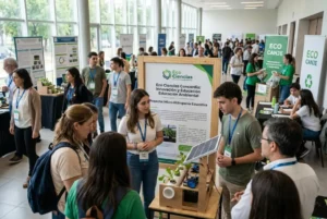 Feria Internacional de Ambiente Eco Ciencias en el Centro de Convenciones de Concordia con estudiantes y expositores participando en actividades de educación ambiental y proyectos de sostenibilidad.