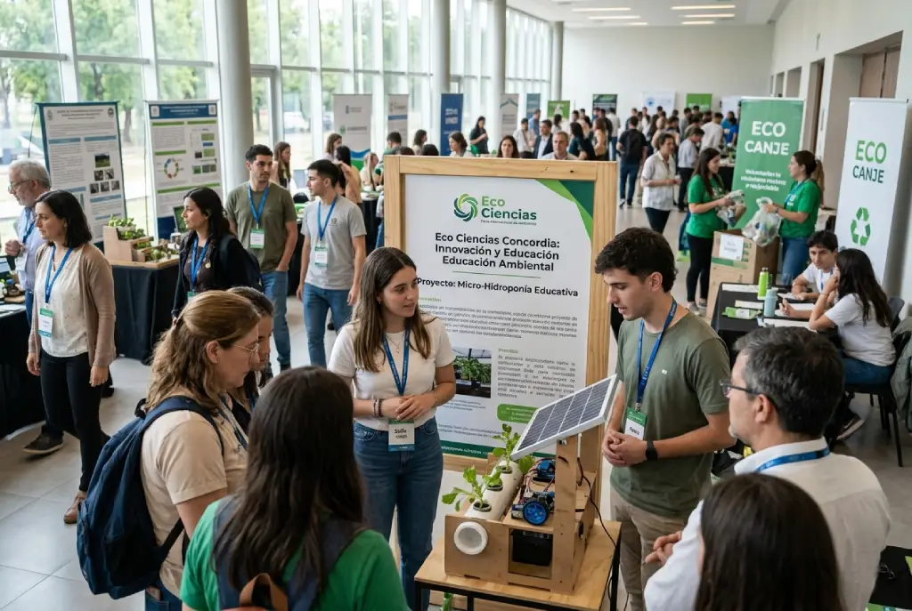 Feria Internacional de Ambiente Eco Ciencias en el Centro de Convenciones de Concordia con estudiantes y expositores participando en actividades de educación ambiental y proyectos de sostenibilidad.