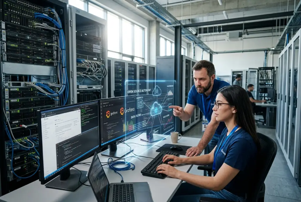 Hiperrealista centro de datos con ingenieros trabajando frente a pantallas de código abierto, flujos de datos holográficos y gráficos de control