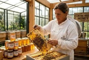 Apicultor en Concordia inspecciona panales con miel lista para exportar, iluminados por luz natural y abejas.